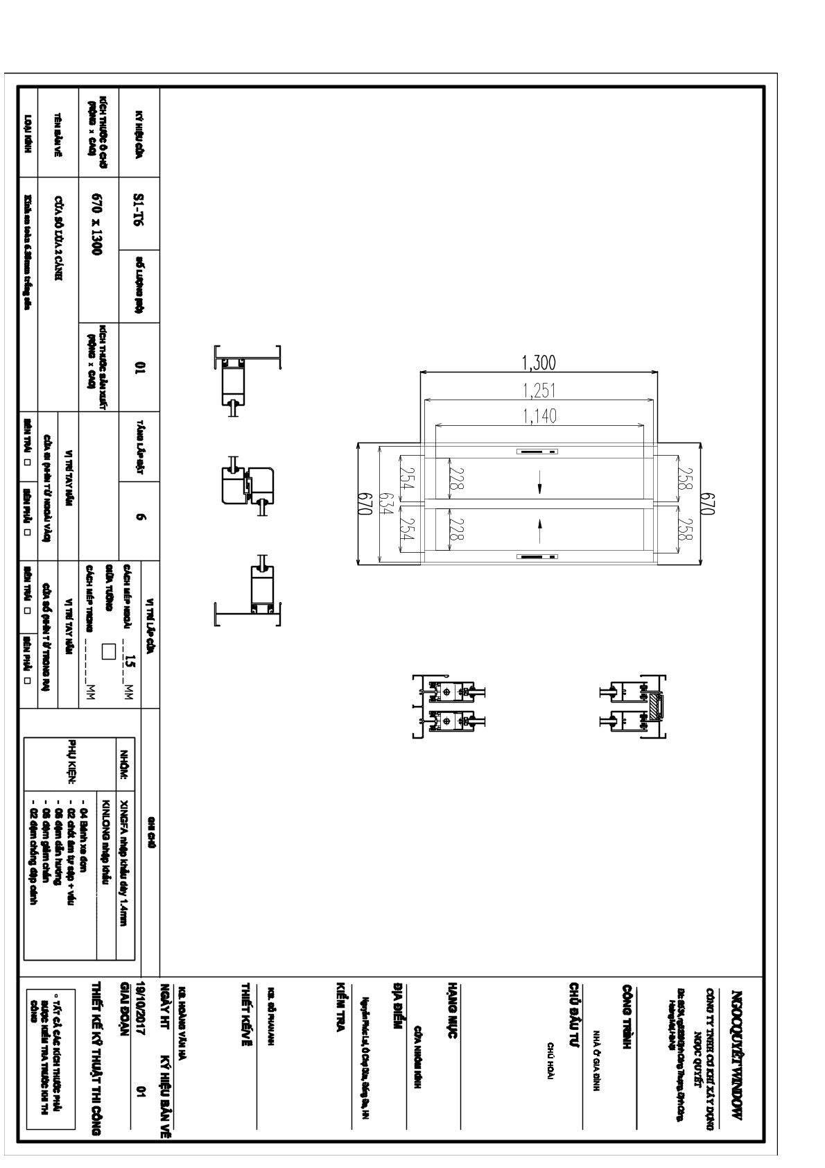 Bản vẽ kỹ thuật cửa sổ nhôm kính Xingfa 2 cánh trượt kích thước 670 x 1300 mm